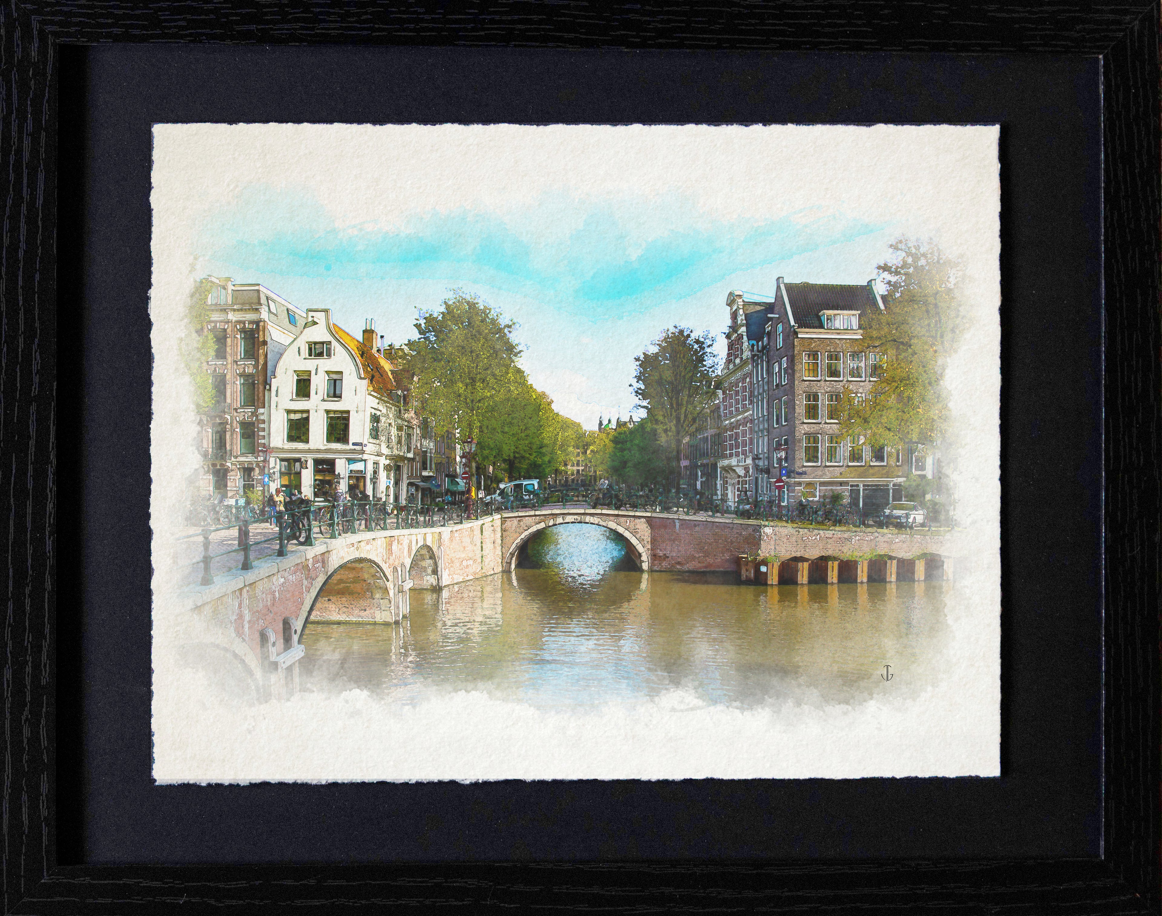 Amsterdam, Netherlands - Canal Bridge and Corner Houses